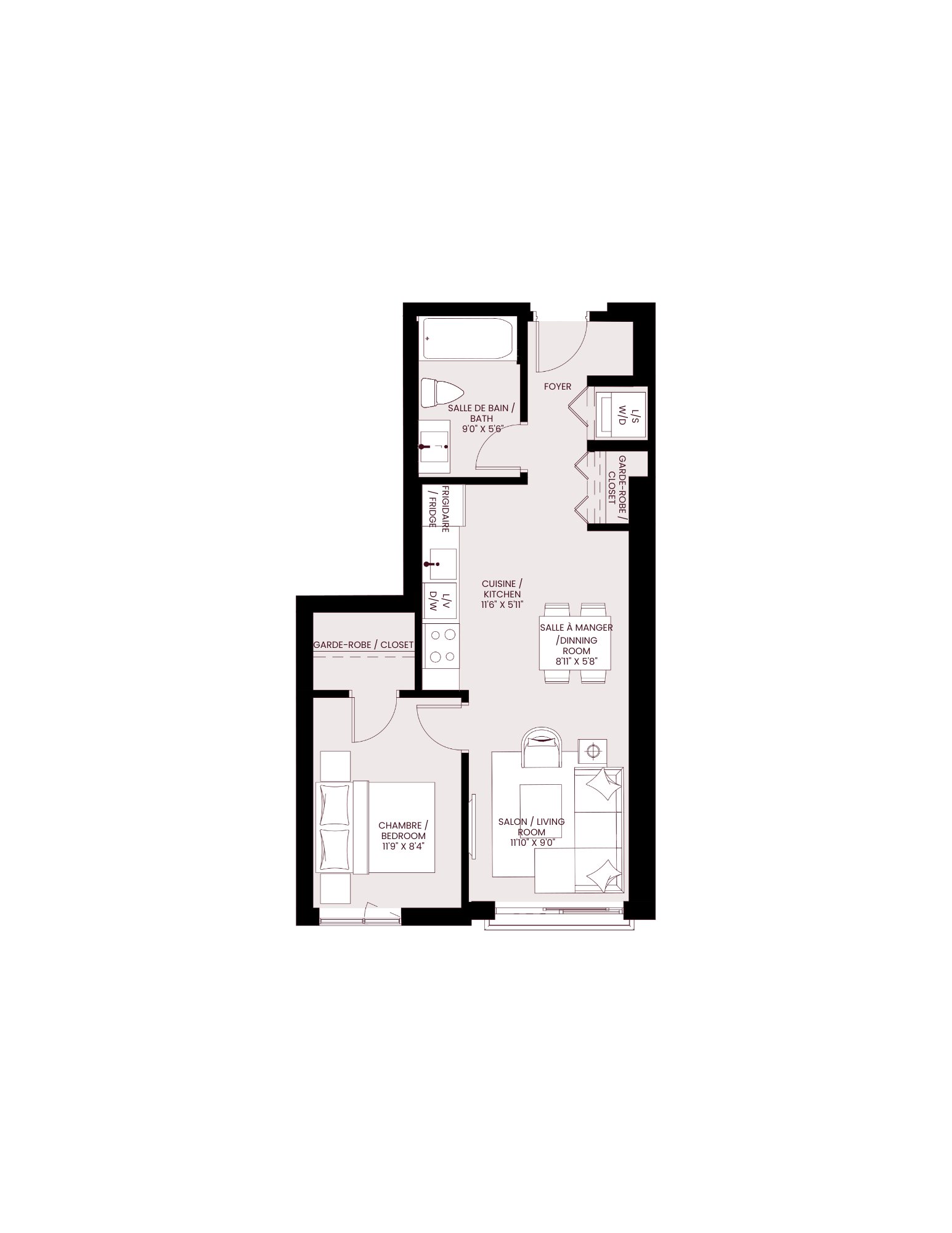 Floor plan for 1 bed, 1 bath, 560 sqft